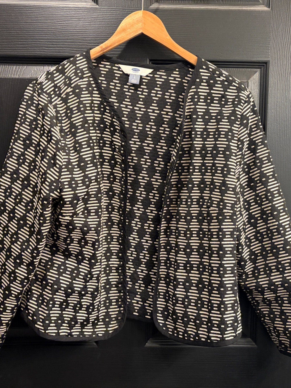 Old Navy Black and Cream Patterned Open-Front Women's Sweater